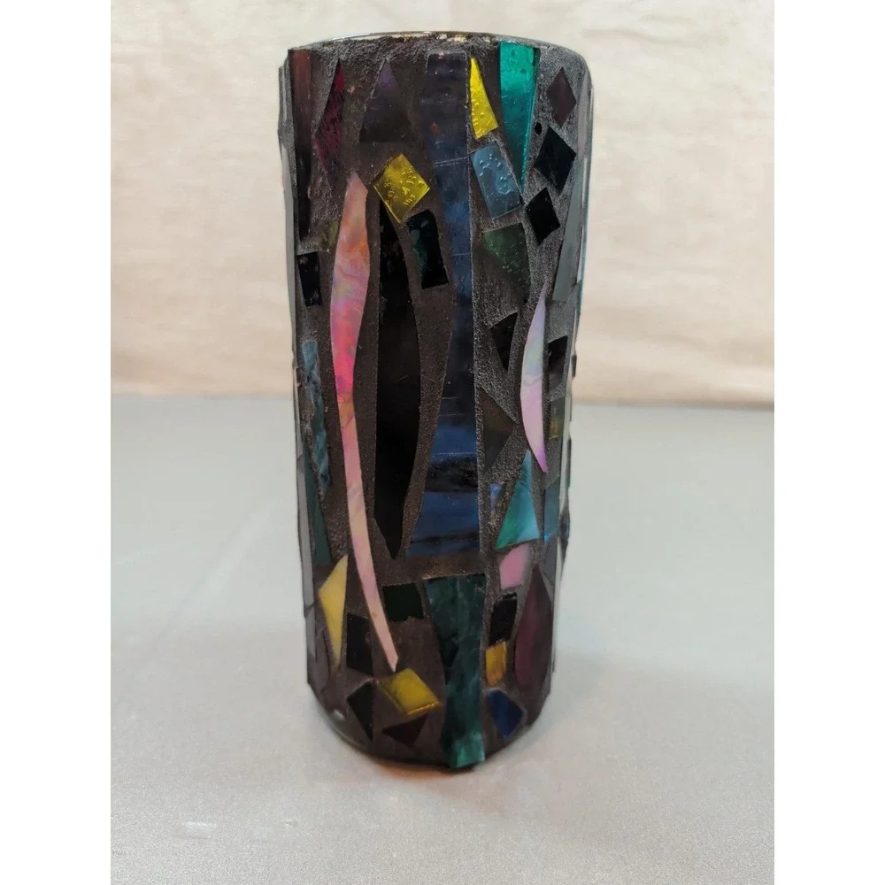 Designs by Annie Vintage Mosaic Glass Vase Handmade Multicolor Cylinder 9 inch